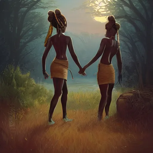 Prompt: beautiful Zulu goddesses holding hands, focused, worried, highly detailed, artstation, concept art, sharp, illustration, art by artgerm and Simon Stålenhag