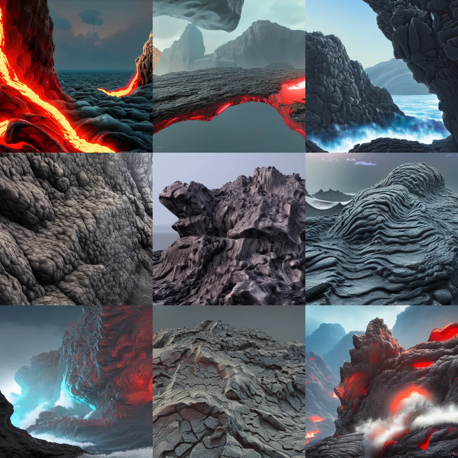 Prompt: a masterpiece matte painting of wavy!! and sharp!! and glassy!! hardened lava rock, igneous rock!! materials, trending on artstation, vray rendering