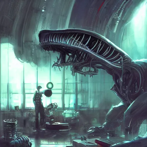 Prompt: epic alien laboratory by raymond swanland