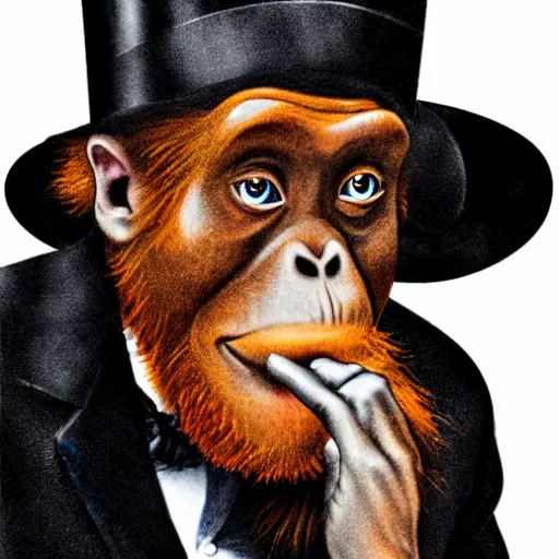 Image similar to professional portrait of an orangutan wearing a black suit a top hat and a monocle smoking a cigar in the Central Park Zoo, 8k, detailed