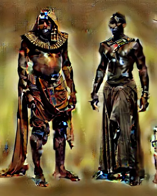 Image similar to concept art by anders zorn and craig mullins depicting djimon hounsou as a tall and very lean temple guard dressed in ancient egyptian heavy armor, flowing robes, harem pants, and leather strapped sandals