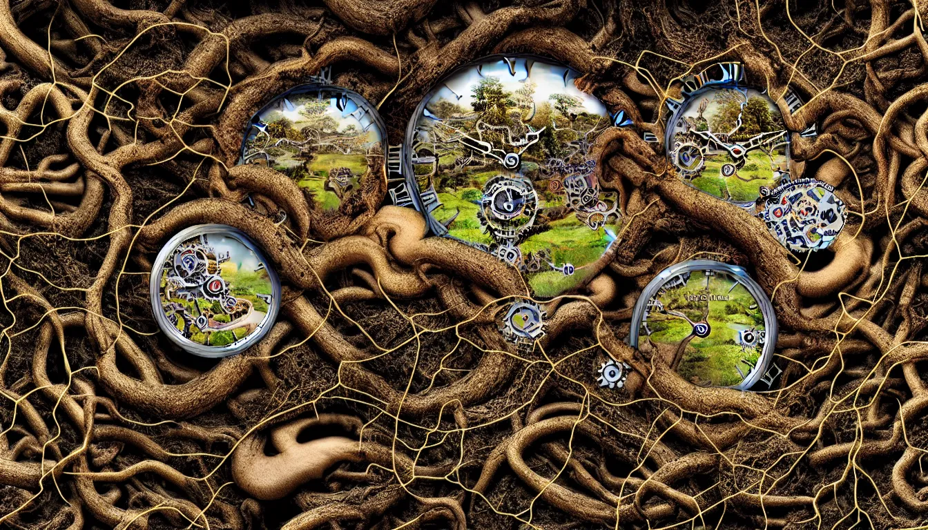 Prompt: detailed view from inside a clockwork watch japanese landscape, entangled roots covered in mushrooms, cracked earth, living spore microorganisms, decaying, rusty, hyper realistic photo, full colour, upscale, 8 k