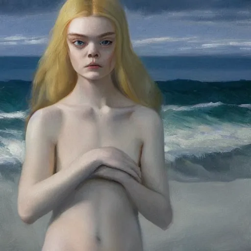 Prompt: Elle Fanning in a black robe holding a skull on the beach, head and shoulders portrait, stormy weather, extremely detailed masterpiece, Roger Deakin’s cinematography, oil on canvas, Edward Hopper,