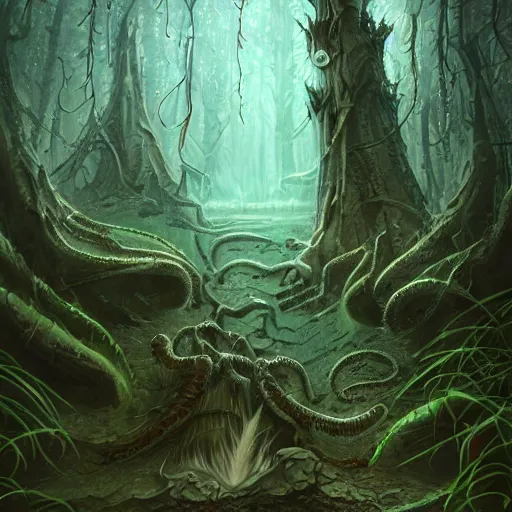 Image similar to lovecraftian 🌲🦎, concept art, extremely detailed, trending on artstation, creepy