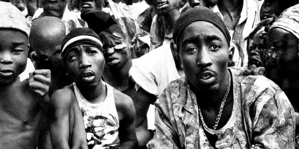 Prompt: 2pac as a hungry child in africa