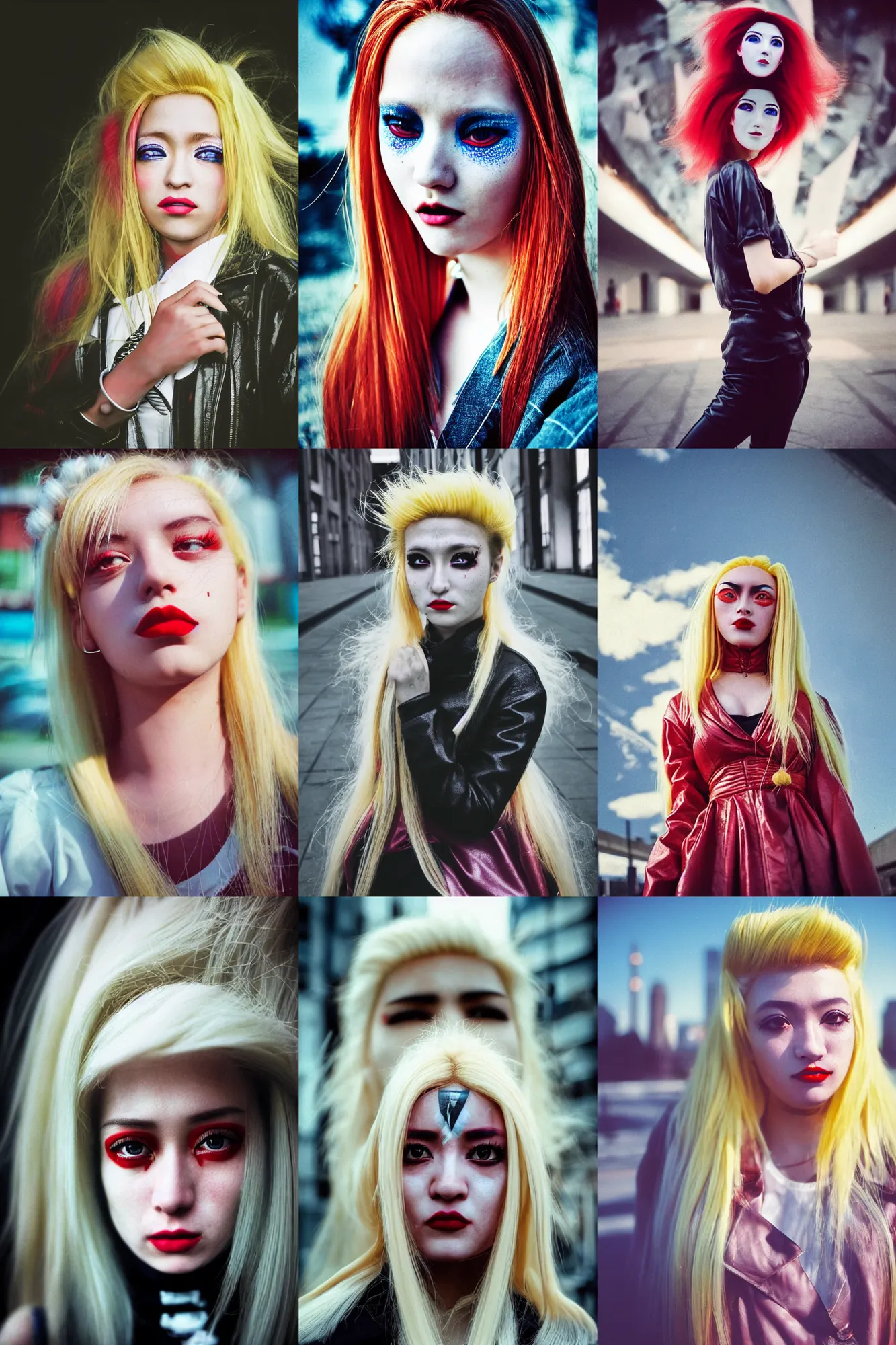 Prompt: Kodak Portra 400,8K,highly detailed: beautiful three point perspective extreme closeup portrait photo in style of chiaroscuro style 1990s frontiers in cosplay berlin seinen manga street photography fashion edition, tilt shift zaha hadid style berlin background, highly detailed, focus on model;Amaterasu style vaporwave ;blonde hair;pursed lips;blue eyes;tendu pose, clear eyes, soft lighting