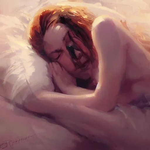 Image similar to falling asleep by greg rutkowski, frank frazetta, artgerm, wlop