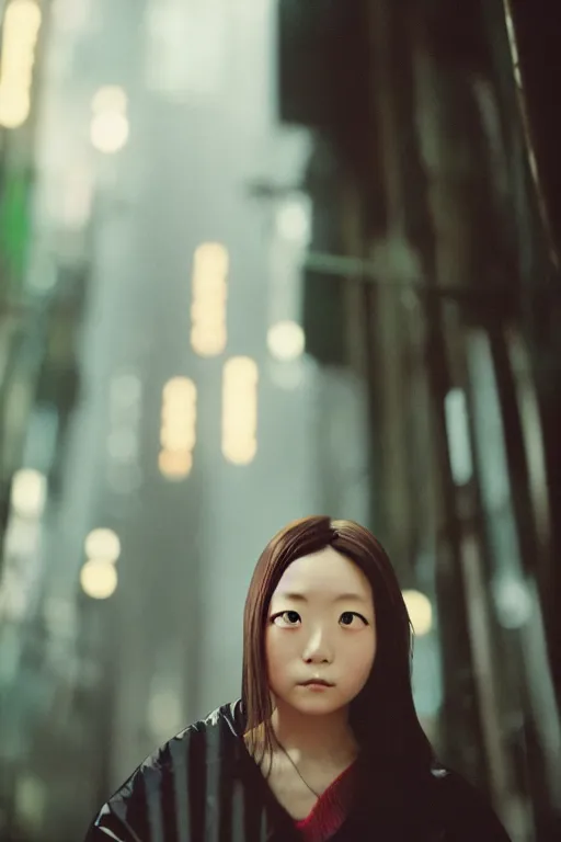 Prompt: Cinestill 50d, 8K, highly detailed, totoro tsatsuki kusakabe style 3/4 extreme closeup portrait, eye contact, focus on clear transparent raincoat girl model, tilt shift zaha hadid style forest background: famous blade runner remake, tokyo izakaya scene