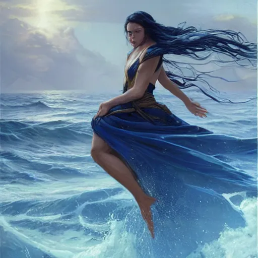 Image similar to beautiful portrait of a mystical long black haired goddess of the sea wearing long blue gold water robes rising up from the deep blue waves, oil painting by Greg Rutkowski and Charlie Bowater and Artgerm, unreal 5, DAZ, RPG Portrait, trending on artstation, dynamic lighting, misty, ocean, blue theme, afternoon light