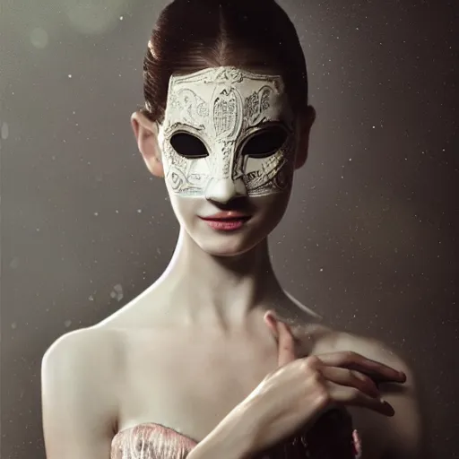Prompt: portrait of a ballerina with a beautiful porcelain face dressed in a venecian mask, rain, cinematic light and reflections, beautiful dreamy lighting, photographed by annie leibovitz, zbrush,
