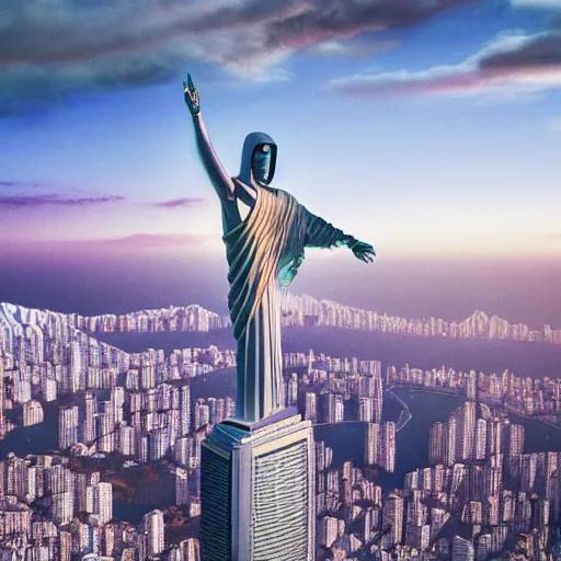 Prompt: a highly detailed picture of a cyberpunk christo redentor in a vaporwave style dabbing over rio de janeiro, aerial photography, ultrawide lens, art by john collier and albert aublet and krenz cushart and artem demura and alphonse mucha, volumetric lighting, octane render, 4 k resolution, trending on artstation, masterpiece