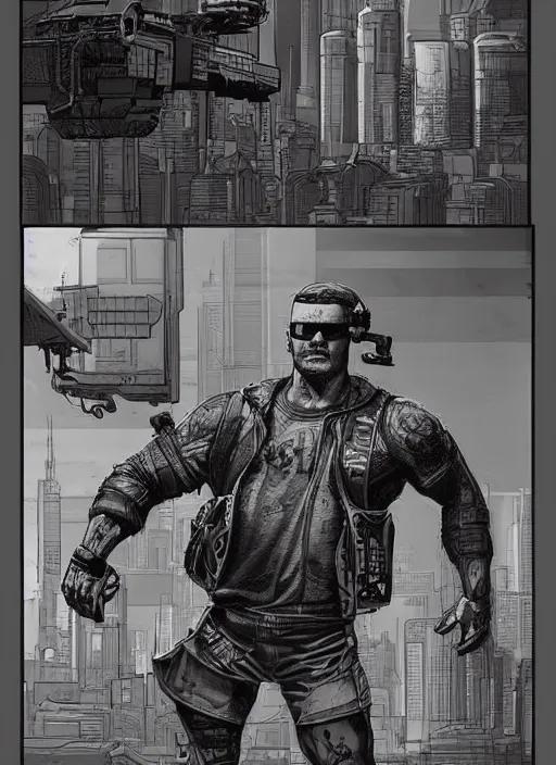 Prompt: Dumb Bubba. Buff cyberpunk meathead trying to intimidate a hacker. Realistic Proportions. Concept art by James Gurney and Laurie Greasley. Moody Industrial skyline. ArtstationHQ. Creative character design for cyberpunk 2077.