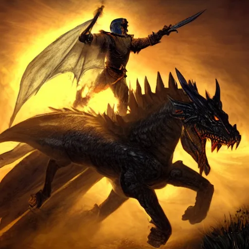 Prompt: a black boy dressed like a knight charging towards a enormous dragon through his hoard of gold coins, by jeff easley, 8k , hd, dynamic wide angle action shot, skyrim character art, dramatic lighting