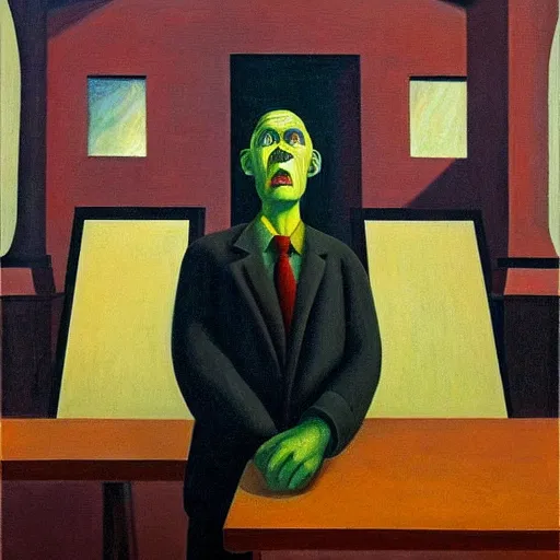 Image similar to fearful visage, portrait, peasant, cathedral, dystopian, pj crook, edward hopper, oil on canvas