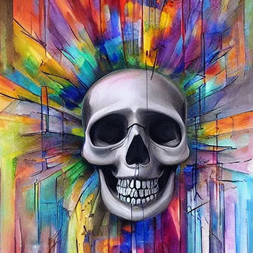 Prompt: A beautiful kinetic sculpture of a skull that is part organic, part mechanic. It is an accurate representation of how the artist sees the world. by Lori Earley, by Antoine Blanchard colorful, geometric