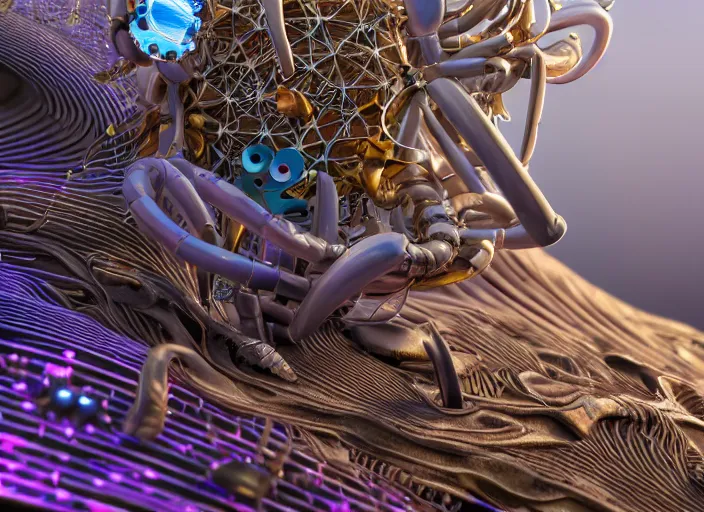 Prompt: close up macro photograph of a strange surrealist detailed alien electronic-musical-instrument!!, in the background is a bryce 3d surrealist landscape biome, designed by pixar!!, hyper detailed, photorealistic, 8k, hd