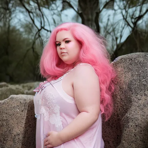 Prompt: a photograph of rose quartz from steven universe, portrait photography, 85mm, iso 400, focus mode, detailed portrait, gigantic pink ringlets, huge pink hair, chubby, white dress, gorgeous, kind features, beautiful woman, flattering photo, daylight