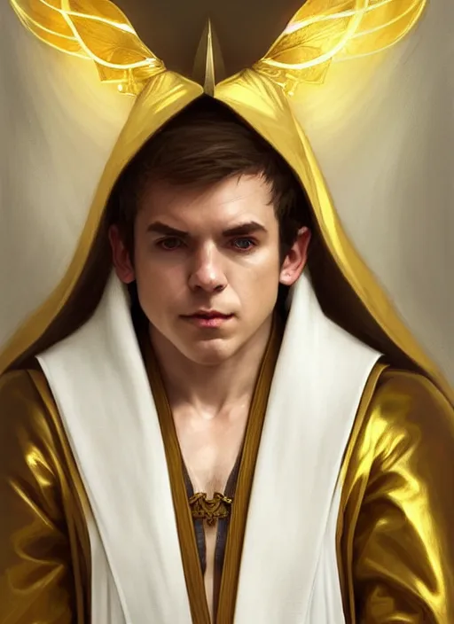 Prompt: symmetry!! portrait of a young halfling male cleric, white robe with gold accents, light brown hair ponytail!!!, wry smirk, brown, gold and white cloak, necklace, elegant, highly detailed, digital painting, artstation, concept art, smooth, sharp focus, illustration, art by artgerm and greg rutkowski and alphonse mucha