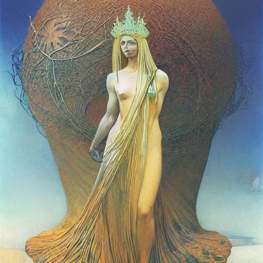 Image similar to queen of jupiter by zdzisław beksinski and alphonse mucha. highly detailed, hyper - real, beautiful