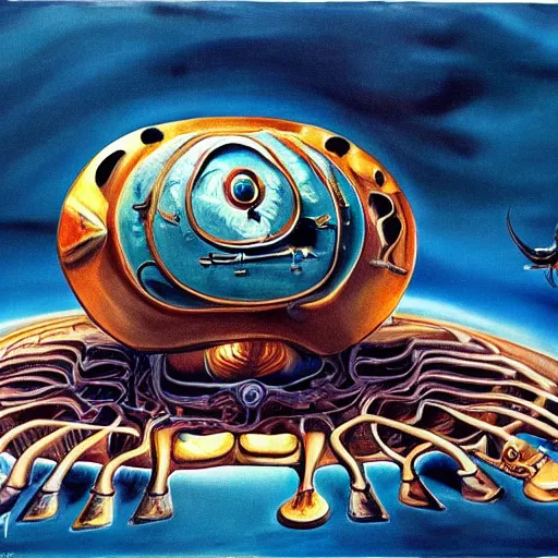 Image similar to painting of an alien spaceship made of flesh and exoskeleton, in the style of salvador dali
