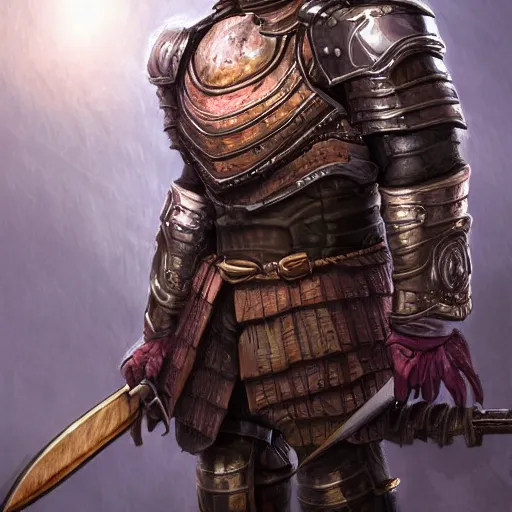 Prompt: humanoid pig wearing iron armor and halmet, holding a sword, digital art, highly detailed, dungeons and dragons avatar portrait, trending on artstation