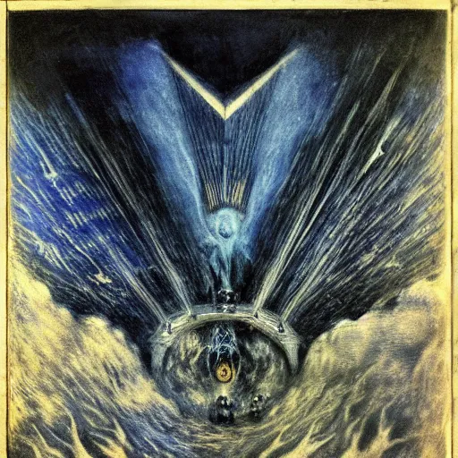 Prompt: I saw Satan fall like lightning from heaven. El Greco, Remedios Varo, Salvador Dali, Carl Gustav Carus, John Atkinson Grimshaw. Blue tint. Symetrical, logo, geometric shapes.