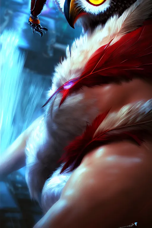 Image similar to Tekken 4 fighter anime Stunning Portrait Robot Owl with feathers, versus Kazuya Mishima, digital painting, artstation, concept art, soft light, hdri, smooth, sharp focus, illustration, art by tian zi, craig mullins, Mark Arian, WLOP, alphonse mucha