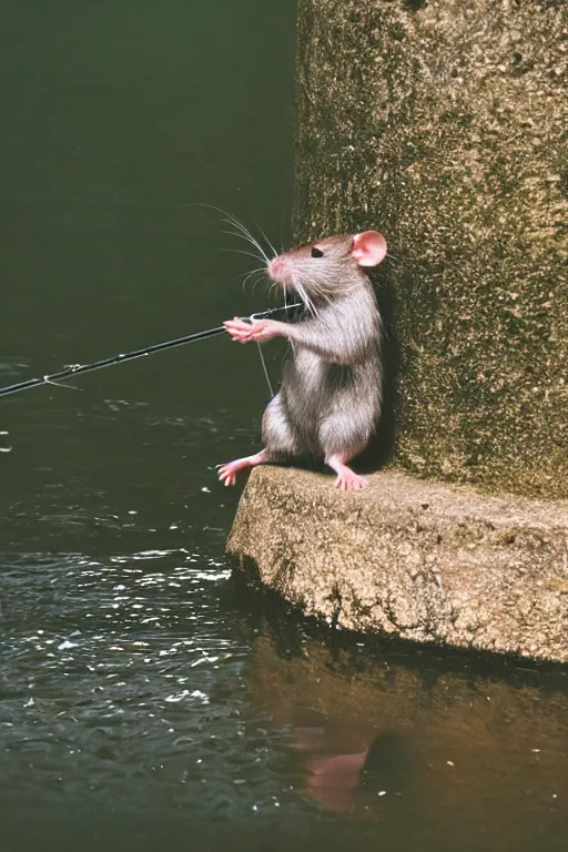Image similar to 35mm photo of a rat holding a fishing pole at a riverbank, rat, fishing pole, water, well lit