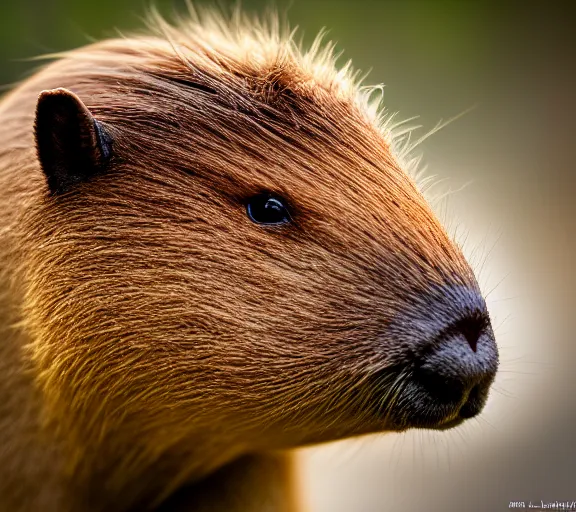 Image similar to a portrait of capybara with a mushroom cap growing on its head by luis royo. intricate. lifelike. soft light. sony a 7 r iv 5 5 mm. cinematic post - processing