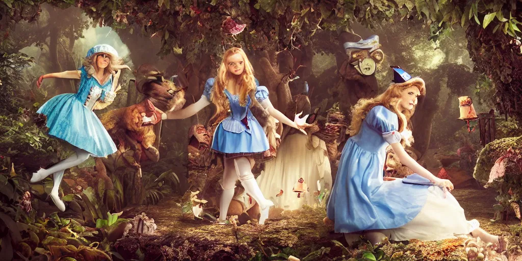 Prompt: alice in wonderland, franz vohwinkel, 8 k resolution, dramatic lighting, cinematic, detailed