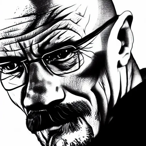 Prompt: Walter white in a fighting scene from berserk, artstation, concept art, sharp focus, illustration in pen an ink, black and white, art by Masashi Tanaka