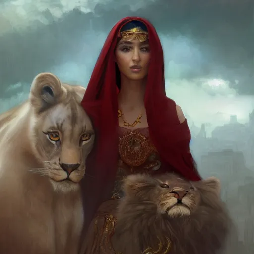 Image similar to a Photorealistic dramatic hyperrealistic render of an arab ameera al taweel, green tan skin, eyes, red hair, white veil, with a pet lion by WLOP,Artgerm,Greg Rutkowski,Alphonse Mucha, Beautiful dynamic dramatic dark moody lighting,shadows,cinematic atmosphere,Artstation,concept design art,Octane render,8K