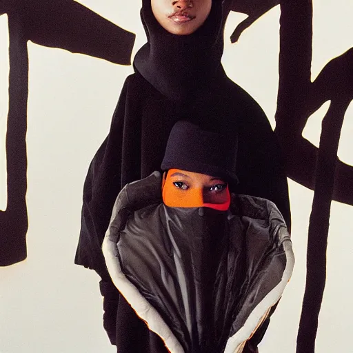 Image similar to realistic photoshooting for a new issey miyake lookbook, color film photography, portrait of a beautiful woman, model is wearing a puffer mask, in style of tyler mitchell, 3 5 mm,