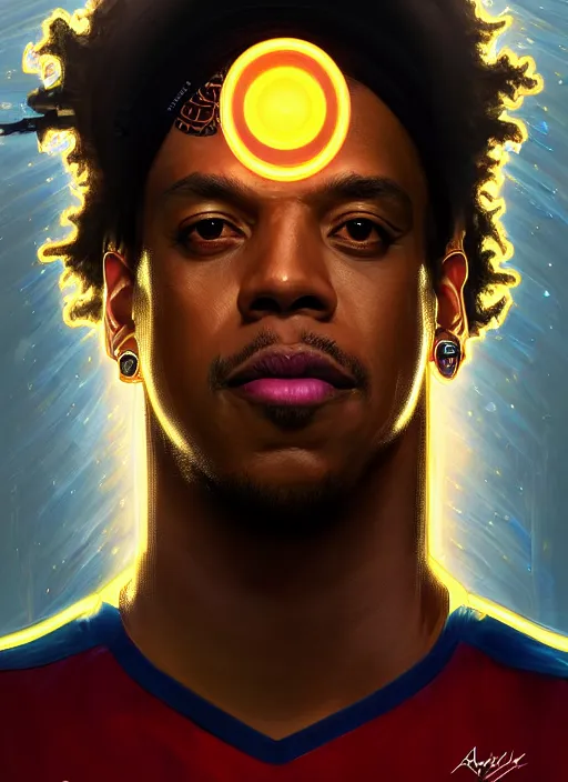 Image similar to symmetry!! portrait of ronaldinho gaucho, sci - fi, tech wear, glowing lights!! intricate, elegant, highly detailed, digital painting, artstation, concept art, smooth, sharp focus, illustration, art by artgerm and greg rutkowski and alphonse mucha