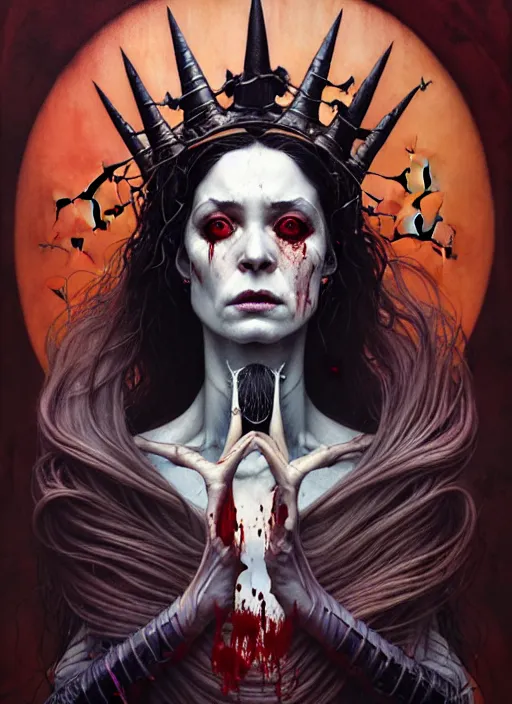 Prompt: a hyper realistic witch queen, beautiful symmetrical face, award winning painting, brush splashes of blood, artwork by chiara bautista and beksinski and norman rockwell and greg rutkowski, tom bagshaw weta studio, and lucasfilm