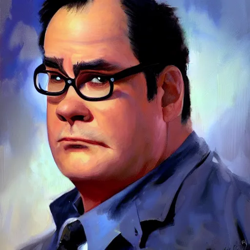 Image similar to greg manchess portrait painting of ghostbuster dan akroyd's appearance dr. raymond stantz overwatch character, medium shot, asymmetrical, profile picture, organic painting, sunny day, matte painting, bold shapes, hard edges, street art, trending on artstation, by huang guangjian and gil elvgren and sachin teng