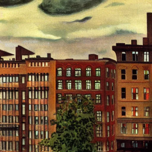 Prompt: full color painting of a balcony view of 1 9 2 5 boston with a broken sky, dark, brooding, night