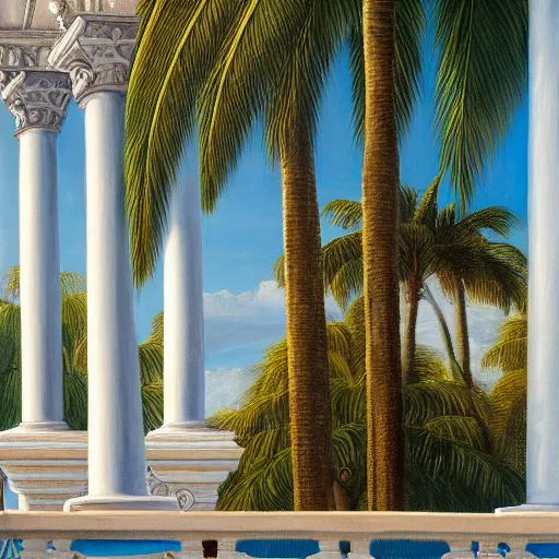 Image similar to a ultradetailed beautiful painting of the amazonas palace balustrade designed by edward robert hughes, tarsila do amaral, frank weston and gustave baumann, beach, trending on artstation, mediterranean, palm trees, detailed face, sharp focus, soft light, 8 k 4 k