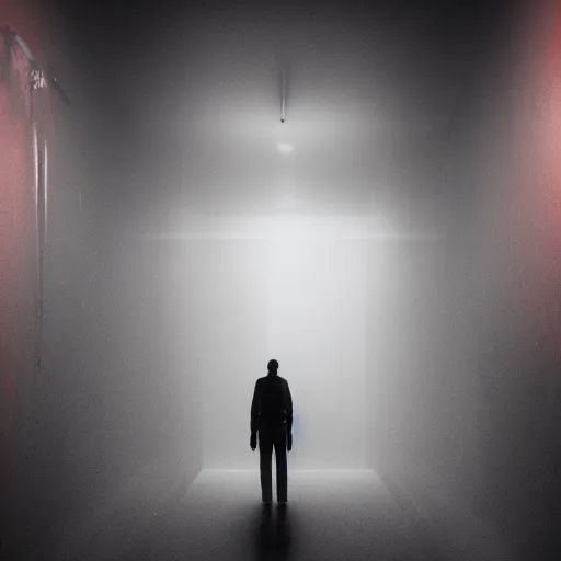 Prompt: silhouette of a man standing on a dark hallway, red light on the behind of the man, creepy atmospheric, unreal engine fantasy art, 8k, trending on artstation, realistic