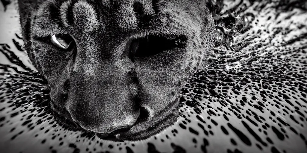 Image similar to a panther, made of ferrofluid, bathing inside the tar pit, full of goo, covered with ferrofluid. dslr, photography, realism, animal photography, color, savanna, wildlife photography