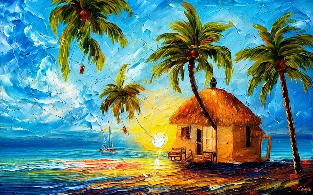 Prompt: in a big sea is a tiny island with a cute cozy cottage on it with a terrace, a paved courtyard with benches and string lights, palm trees, sunset, puffy clouds, dramatic and dynamic lighting, thick brush strokes oil impasto painting