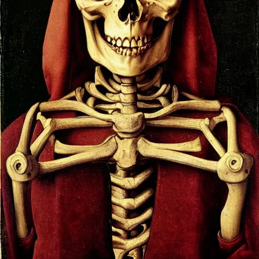 Prompt: 1 4 0 0 s renaissance portrait of a skeleton, painting by jan van eyck, northern renaissance art, oil on canvas, wet - on - wet technique, realistic, expressive emotions, intricate textures, illusionistic detail