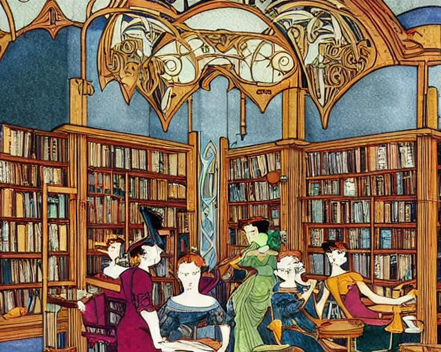 Image similar to bookstore filled with witches detailed painting art nouveau in the style of george barbier