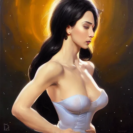 Image similar to a portrait of a very beautiful woman in a spacesuit, Alexandria\'s genesis, shoulder-length black hair, bored, illustration, soft lighting, soft details, painting oil on canvas by mark arian by artgerm, trending on artstation, 4k, 8k, HD