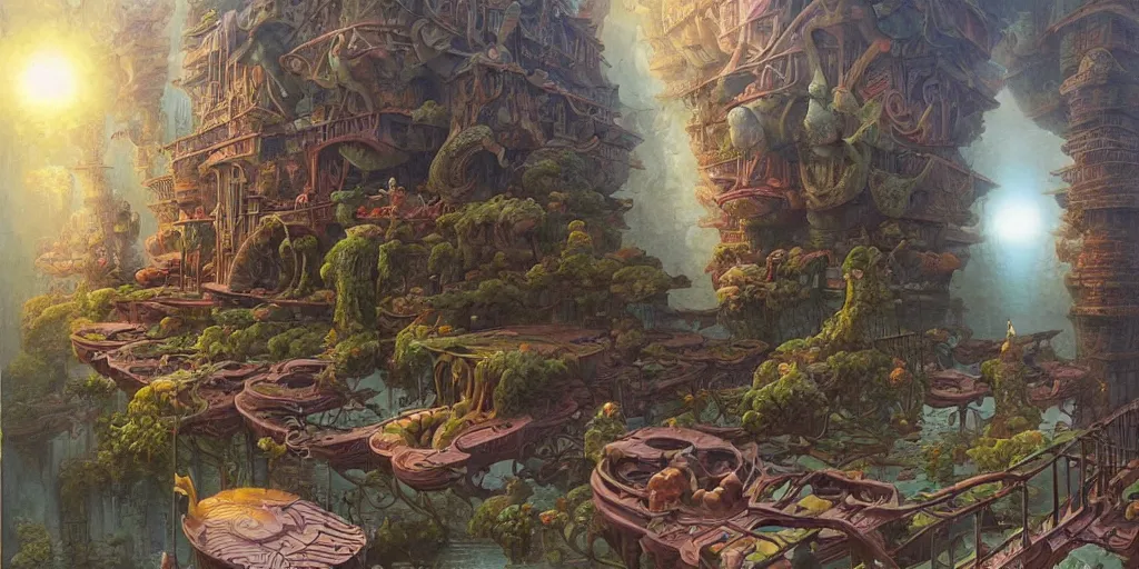 Prompt: a still frame of a floating society by hubert robert and daniel merriam and roger dean and jacek yerka, alex grey style, soft lighting, beautiful, realistic, detailed