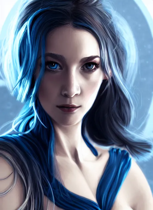 Image similar to beautiful fashion goddness, strapless dress, character portrait in the style of thomas river and artgerm, wlop, cinematic lighting, hyperdetailed, 8 k realistic, symmetrical, global illumination, radiant light, halo, love and mercy, frostbite 3 engine, cryengine, dof, trending on artstation, digital art, chanel