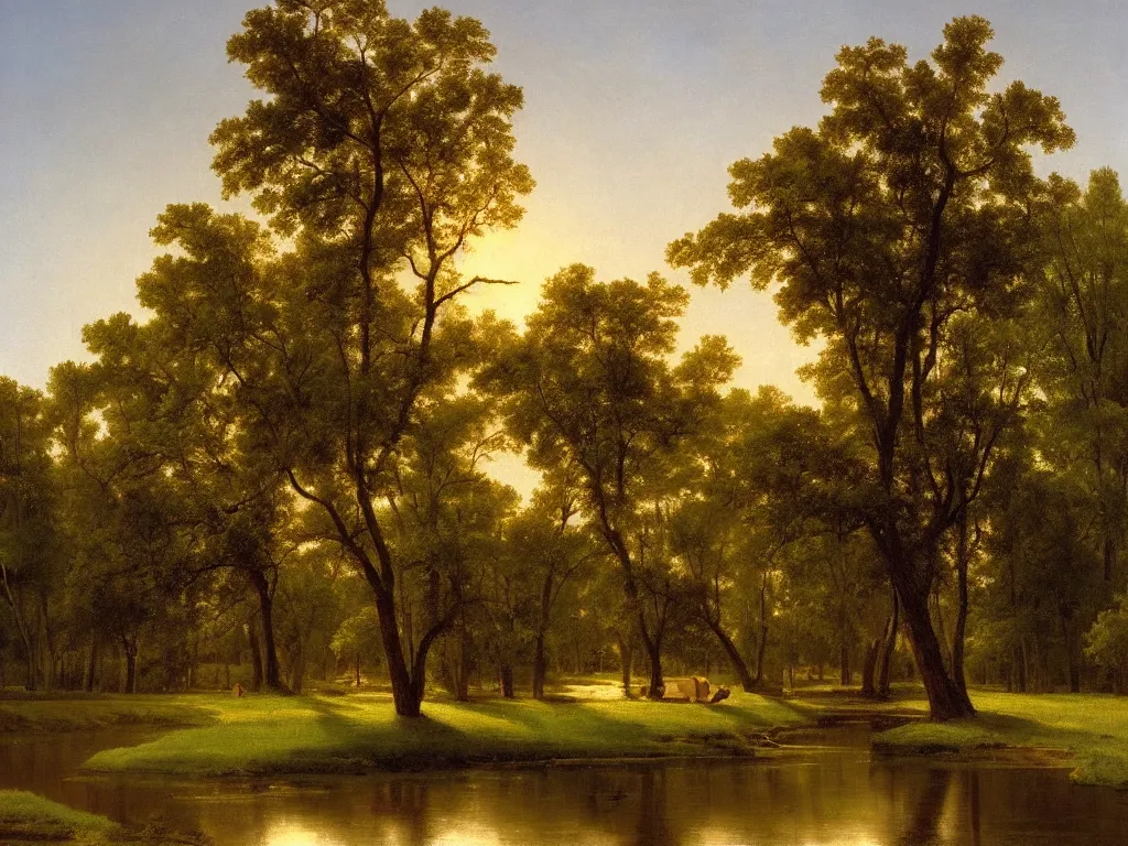 Image similar to a beautiful mississippi landscape, springtime morning, by george caleb bingham \, oil on canvas, luminism, hyperrealism