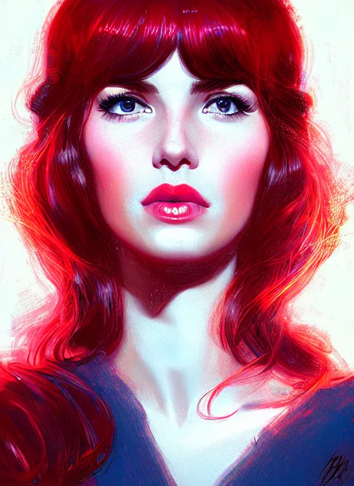 Image similar to portrait of lana rhodes with bangs, 1 9 6 0 s, long hair, red hairband, bangs, intricate, elegant, glowing lights, highly detailed, digital painting, artstation, concept art, smooth, sharp focus, illustration, art by wlop, mars ravelo and greg rutkowski