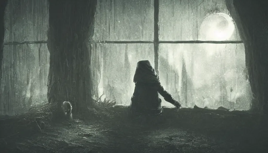 Prompt: in the long past, a alone child, alone in the darkside, cold place, mother of witchers in there, shaodws breathing, spirits in the dark, real atmosphere, old home decor, crossbreeding, rainy window