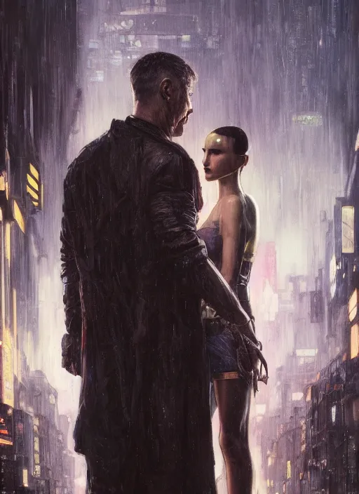Prompt: blade runner confronts replicant android ( blade runner 2 0 4 9, cyberpunk 2 0 7 7 character design ). orientalist portrait by john william waterhouse and james gurney and theodore ralli and nasreddine dinet, oil on canvas. cinematic, hyper realism, realistic proportions, dramatic lighting, high detail 4 k